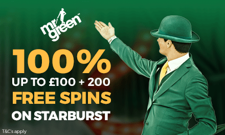 Mr Green: £100 bonus cash + 200 bonus spins