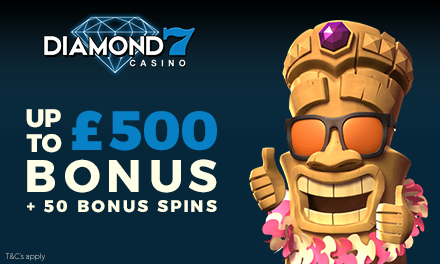 Up to £500 bonus + 50 bonus spins at Diamond7