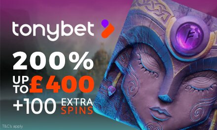 TonyBet Casino: 200% up to £400 + 100 bonus spins