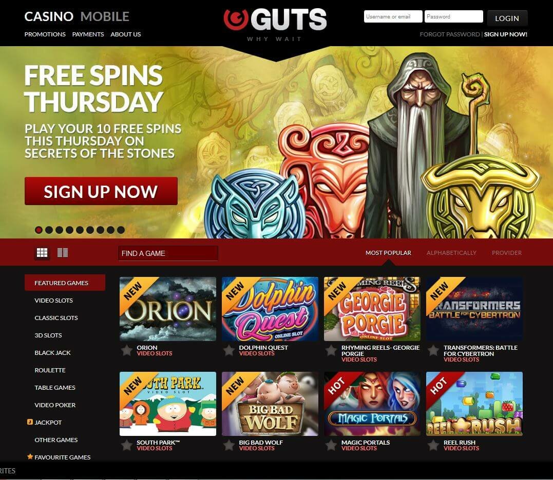 Guts casino homepage