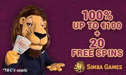 Simba Games – 100% up to €100 + 20 free spins